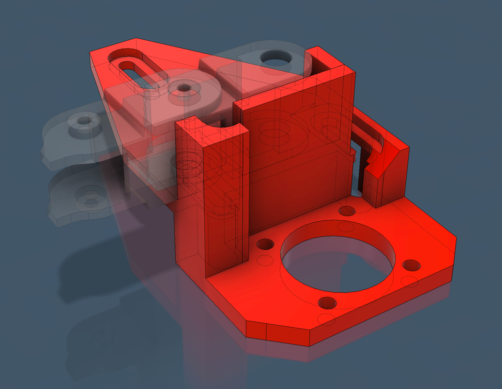 CAD model of a mechanical bracket with mounting flange, ribs, and counterbored holes