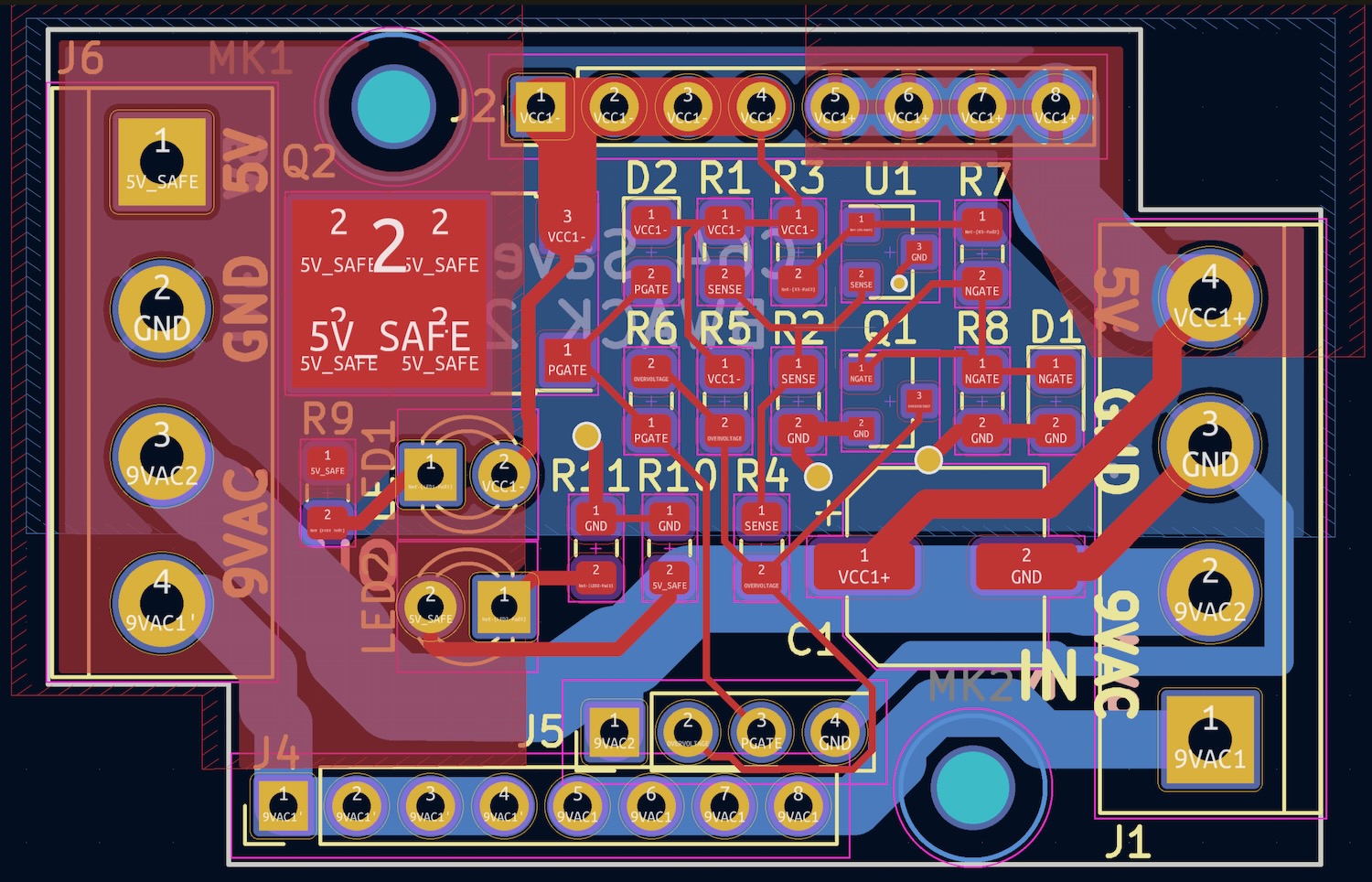 KiCad PCB layout showing copper layers, component footprints, and connector pads